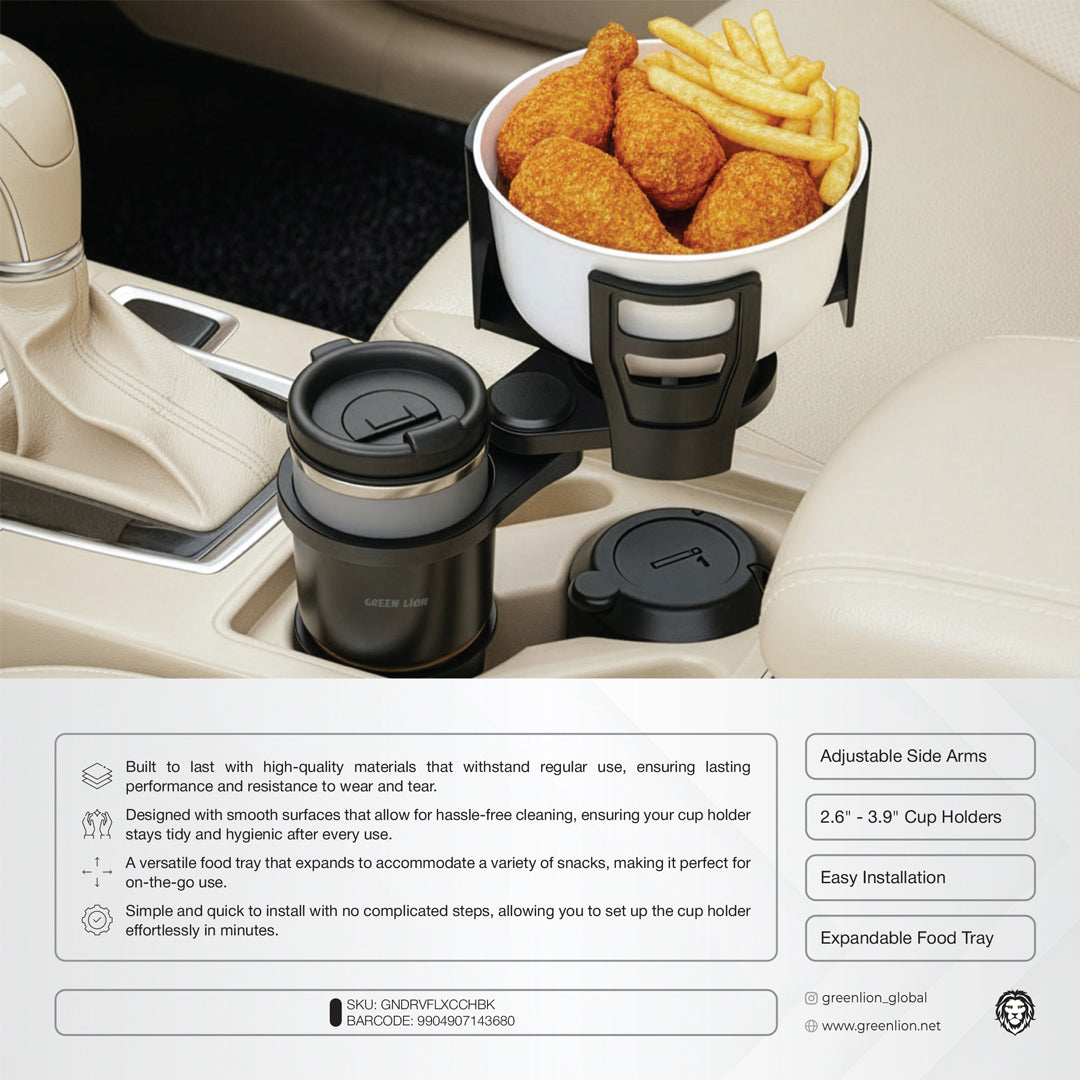 Green Lion Drive Flex 2-in-1 Cup Holder – Universal Car Organizer with Expandable Food Tray