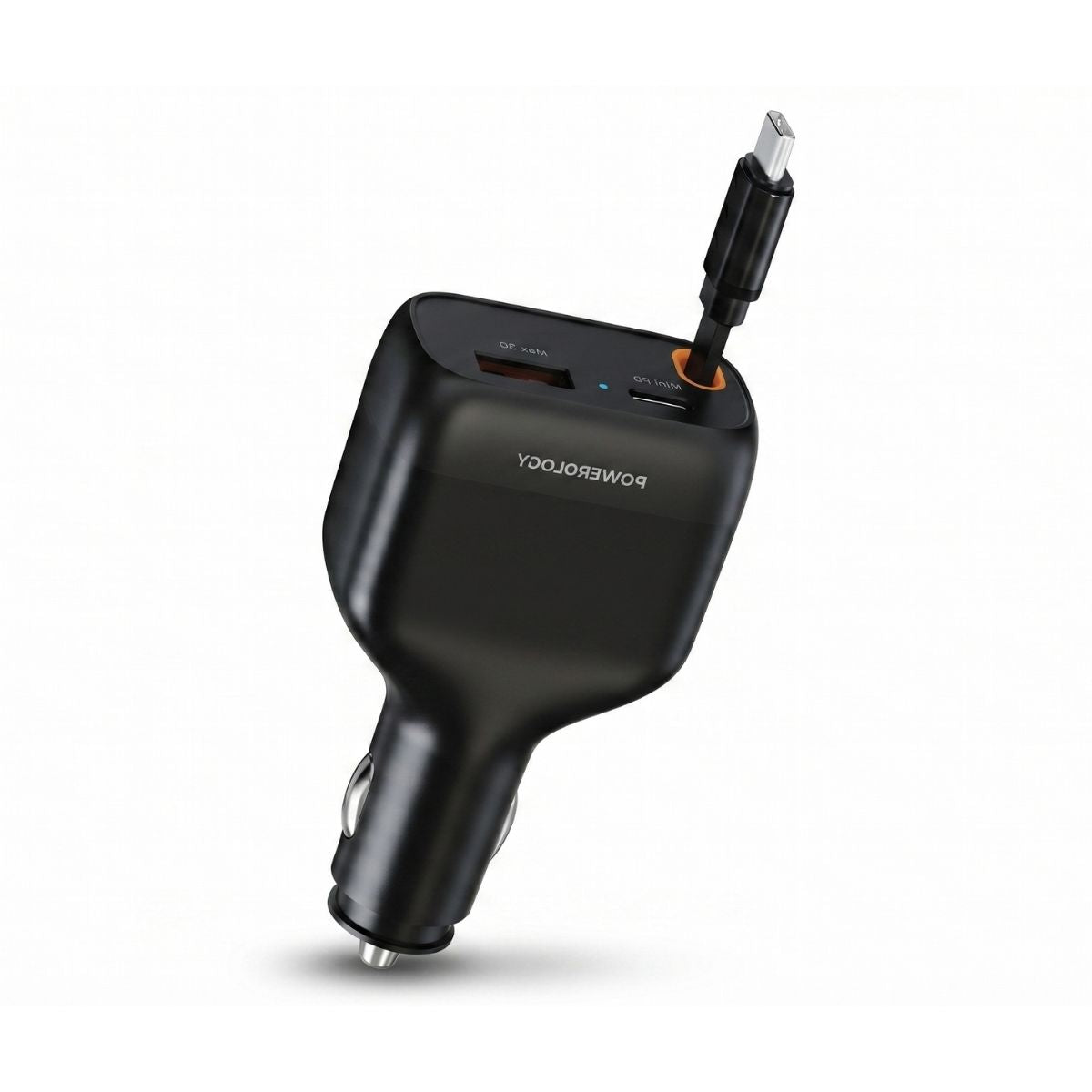 Powerology Cyber 81W Retractable Car Charger | USB-C PD 45W Fast Charging + Built-in Cable | Dual Port Car Adapter for iPhone, Samsung, Laptop