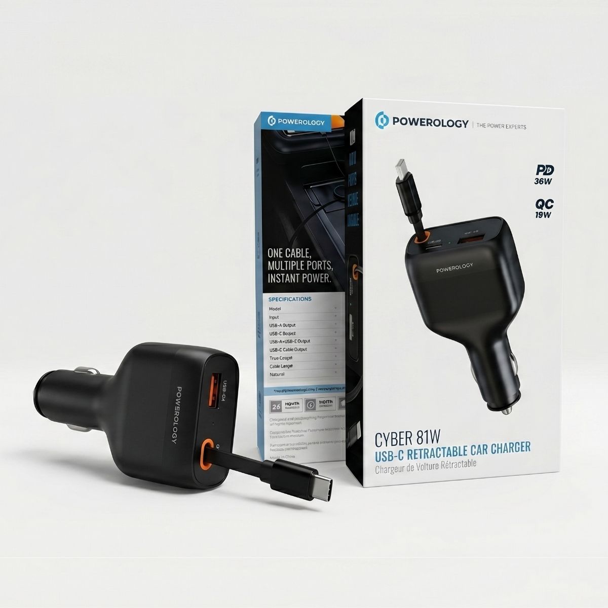 Powerology Cyber 81W Retractable Car Charger | USB-C PD 45W Fast Charging + Built-in Cable | Dual Port Car Adapter for iPhone, Samsung, Laptop