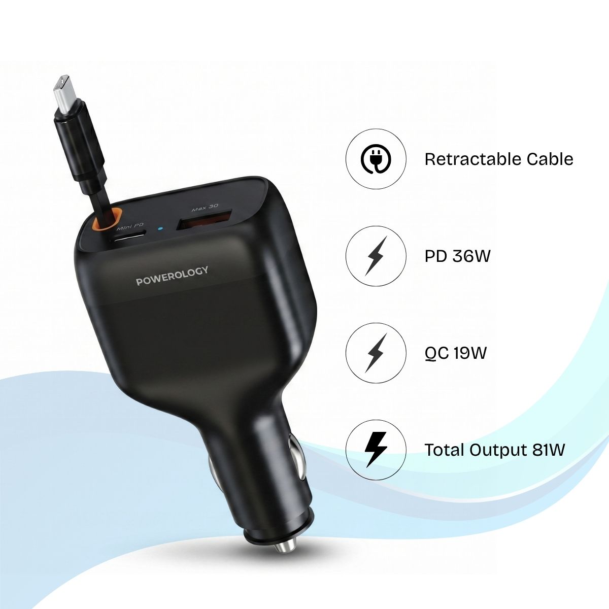 Powerology Cyber 81W Retractable Car Charger | USB-C PD 45W Fast Charging + Built-in Cable | Dual Port Car Adapter for iPhone, Samsung, Laptop