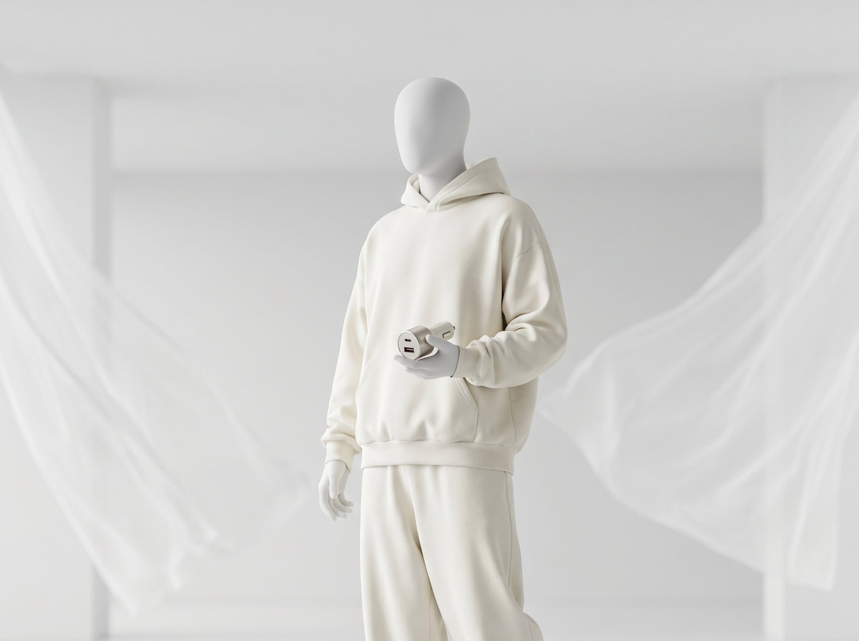 Mannequin wearing a white hoodie and pants in a minimalistic setting