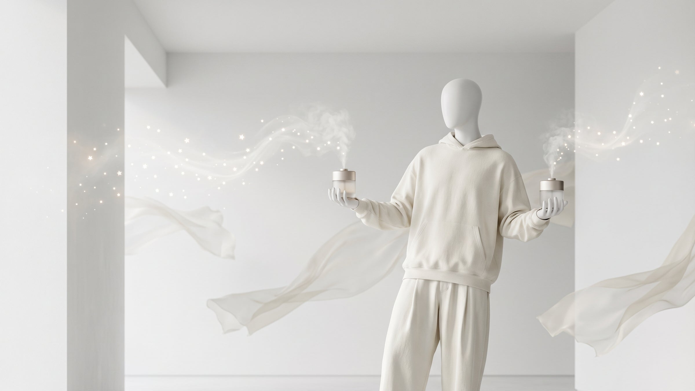 Mannequin wearing a white outfit in a minimalistic room with white walls and floor.