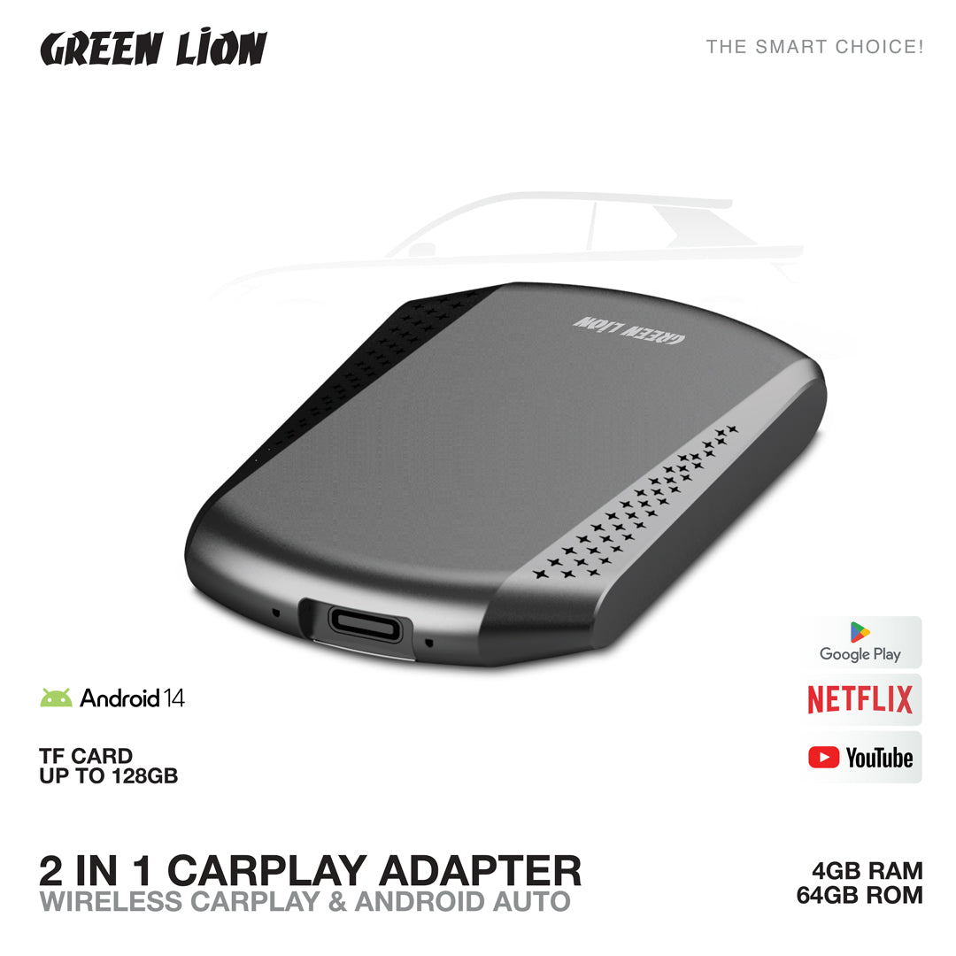 2-in-1 Wireless CarPlay & Android Auto Adapter | 4GB RAM + 64GB ROM | Green Lion