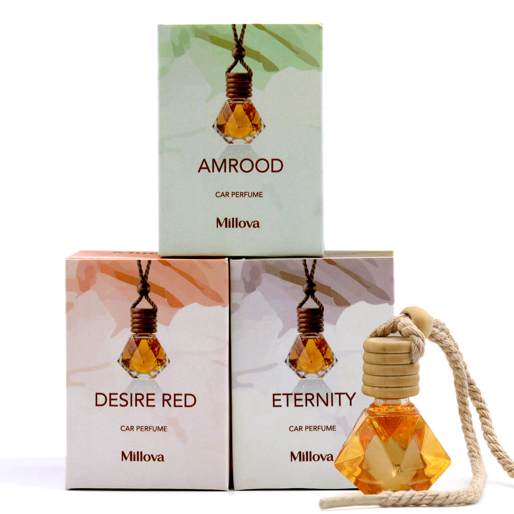 Millova 3 Mood Car Fragrance Set – Premium Hanging Car Perfume (Amrood, Desire Red, Eternity) Long Lasting Auto Air Freshener UAE
