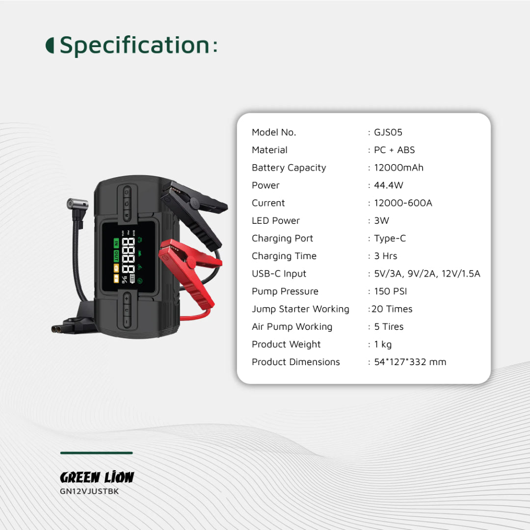 Portable 12000mAh Car Jump Starter with Air Compressor – 150 PSI Digital Tire Inflator & Power Bank