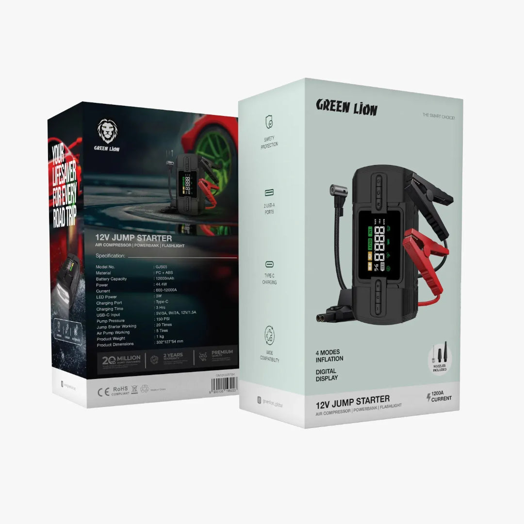 Portable 12000mAh Car Jump Starter with Air Compressor – 150 PSI Digital Tire Inflator & Power Bank