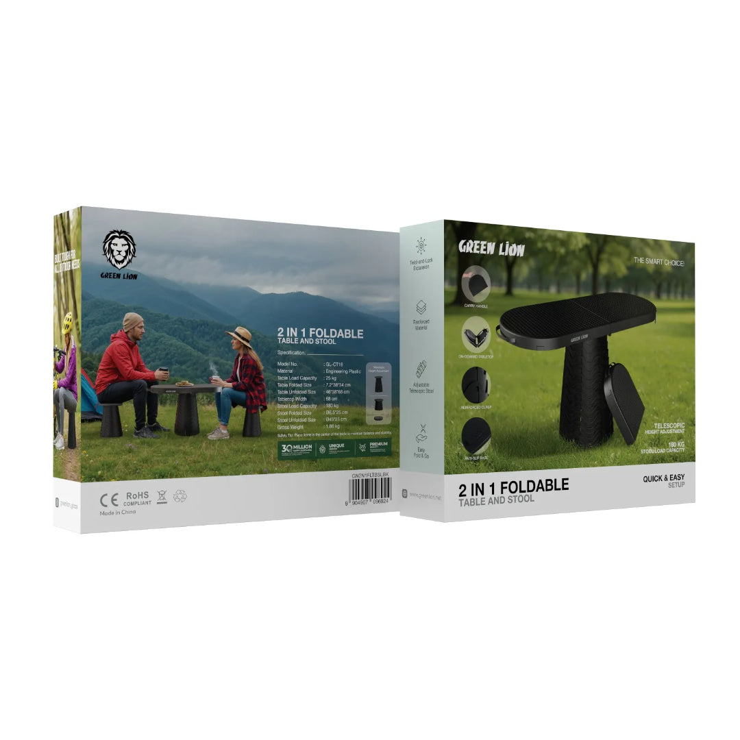 2-in-1 Foldable Table and Stool – Portable, Adjustable & Heavy-Duty Camping Solution | Green Lion
