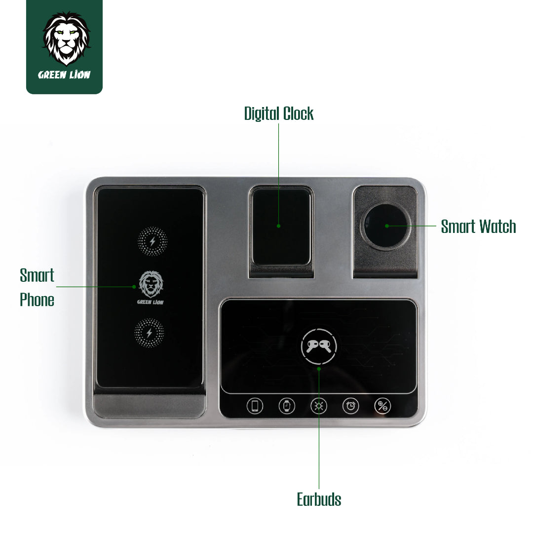 Wireless Charging Station 4-in-1 15W – Fast Charging Dock with Digital Clock | Green Lion