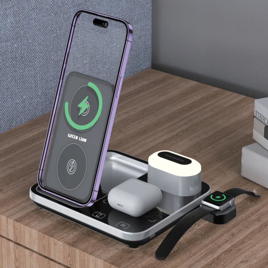 Wireless Charging Station 4-in-1 15W – Fast Charging Dock with Digital Clock | Green Lion