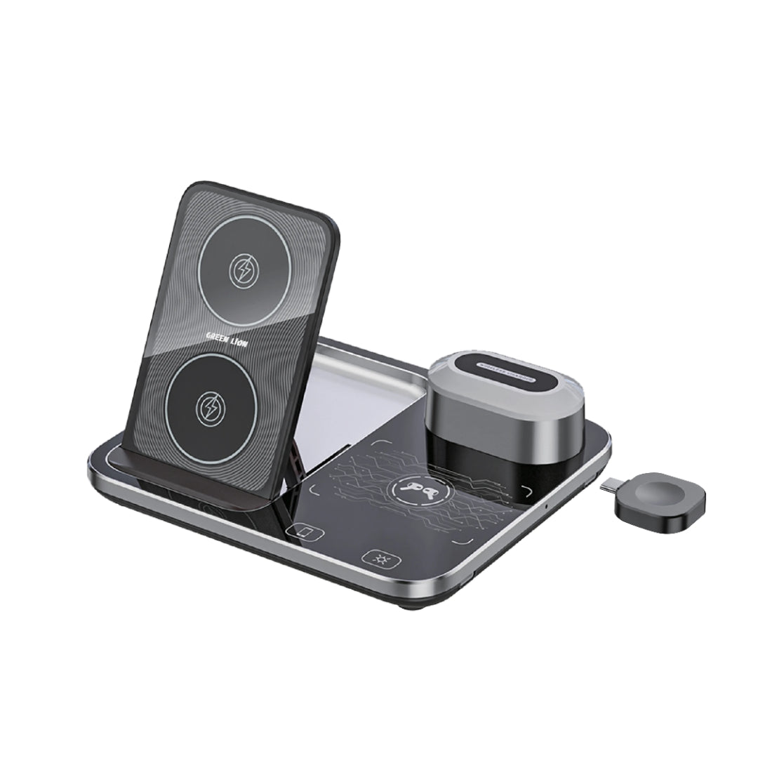Wireless Charging Station 4-in-1 15W – Fast Charging Dock with Digital Clock | Green Lion