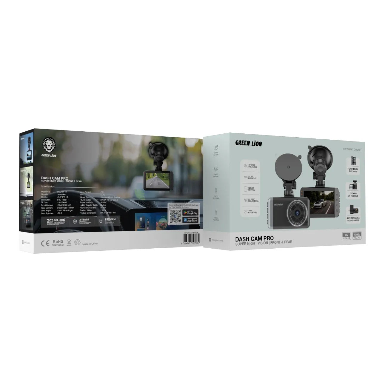 Green Lion Dash Cam Pro Front and Rear – 4K UHD Dual Camera with WiFi & Night Vision