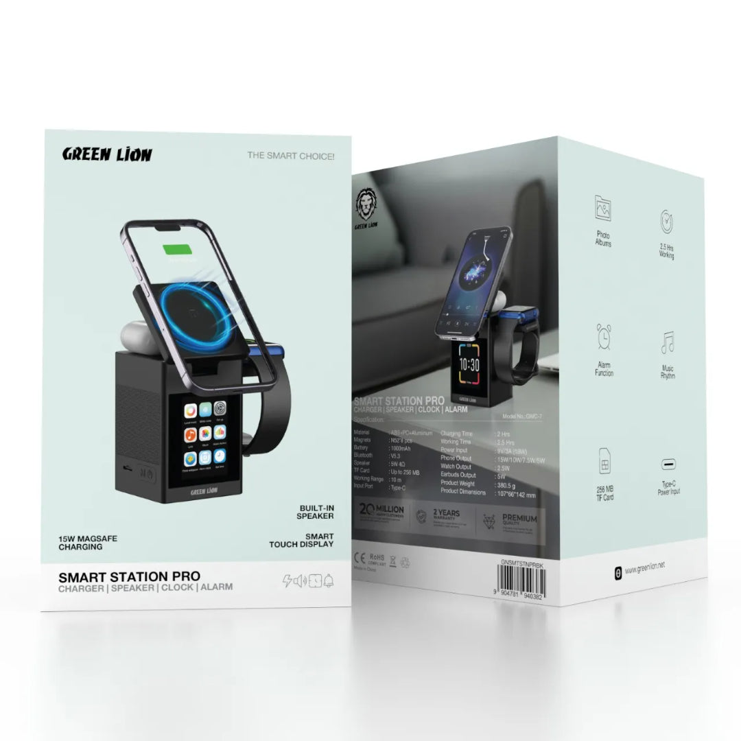 Smart Station Pro LCD Display Wireless Charger with Speaker|Green Lion