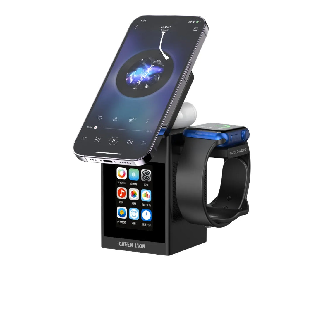 Smart Station Pro LCD Display Wireless Charger with Speaker|Green Lion
