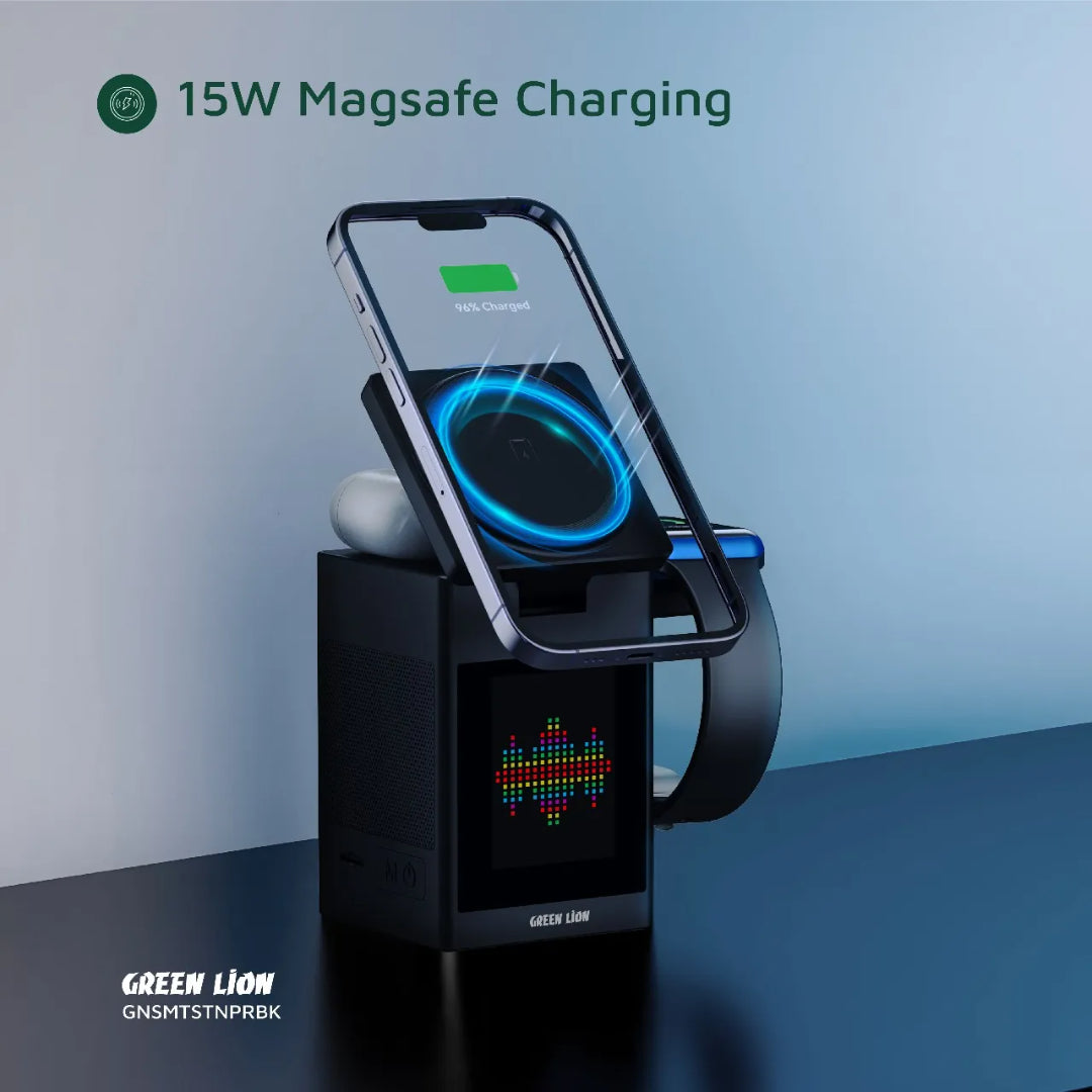 Smart Station Pro LCD Display Wireless Charger with Speaker|Green Lion