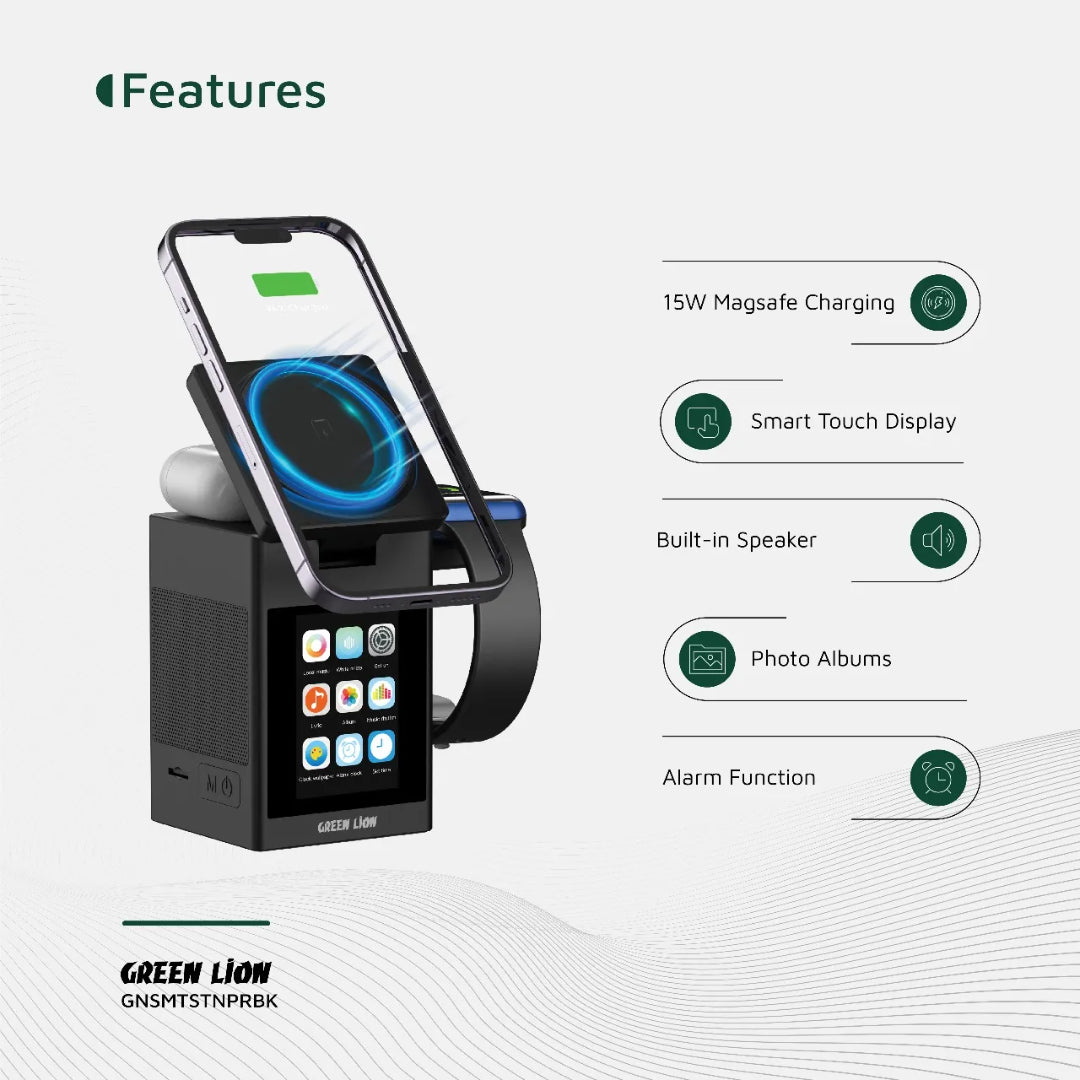 Smart Station Pro LCD Display Wireless Charger with Speaker|Green Lion