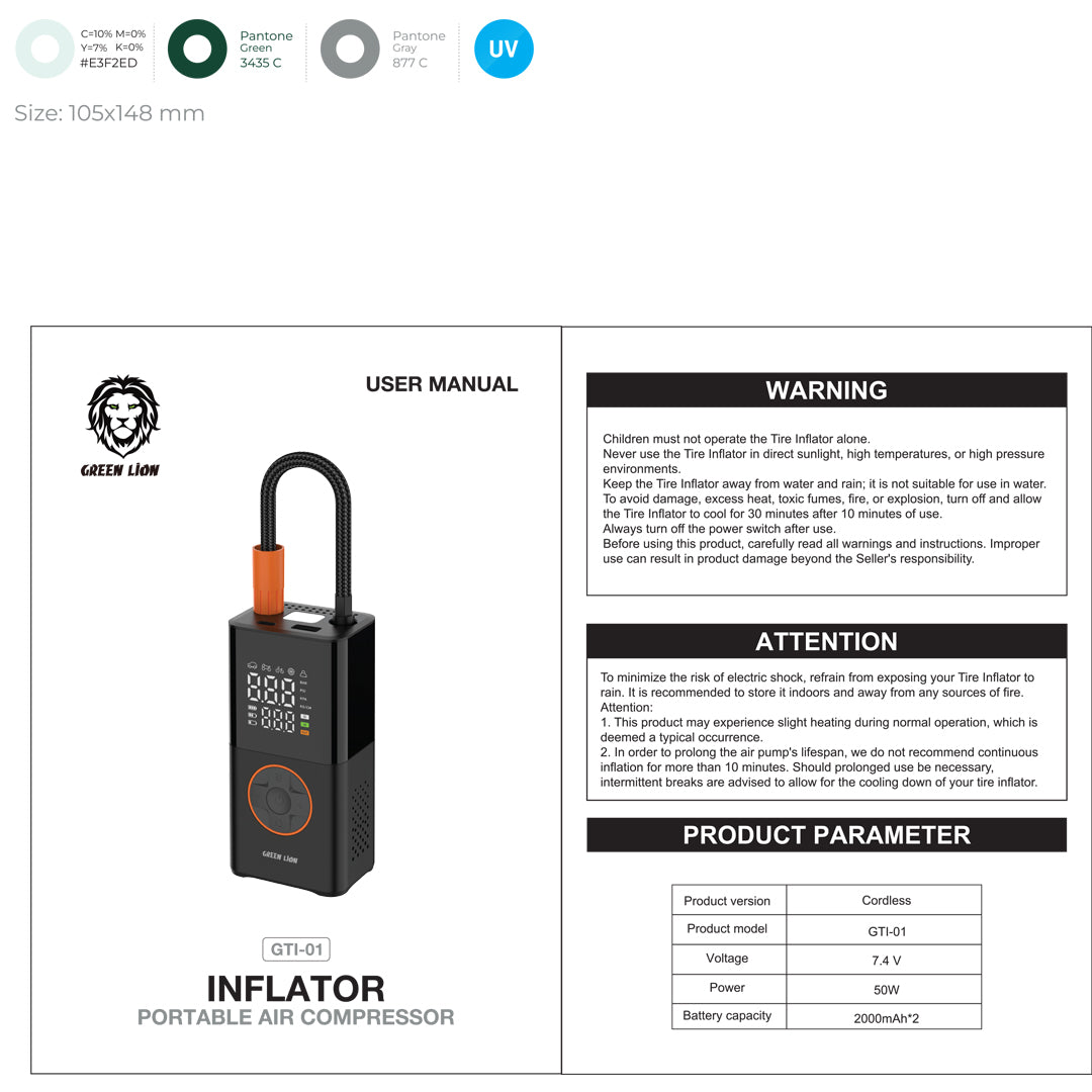 Portable Air Compressor – Green Lion GTI-01 Inflator (150 PSI, Cordless, Smart Digital Pump)