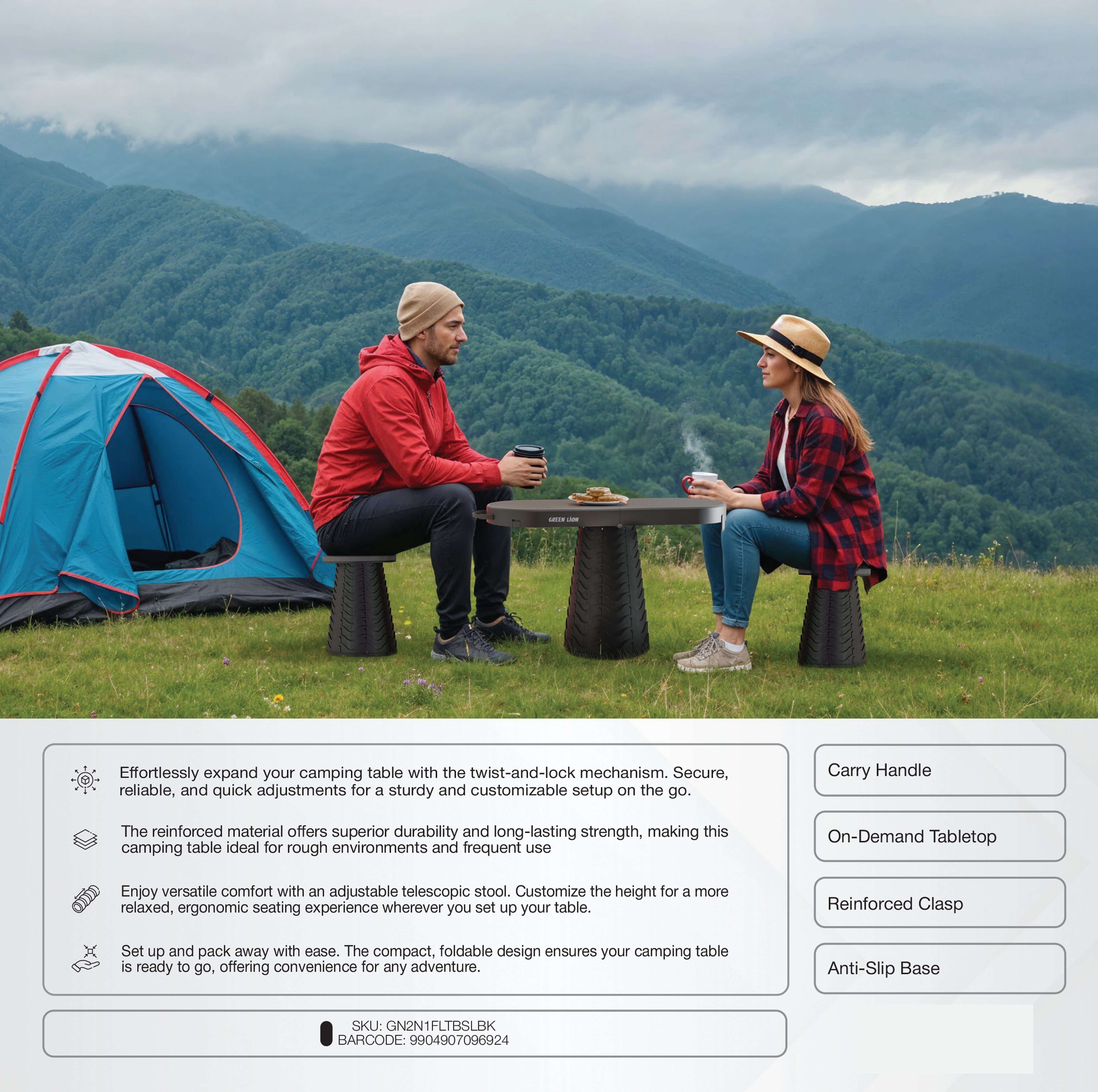 2-in-1 Foldable Table and Stool – Portable, Adjustable & Heavy-Duty Camping Solution | Green Lion